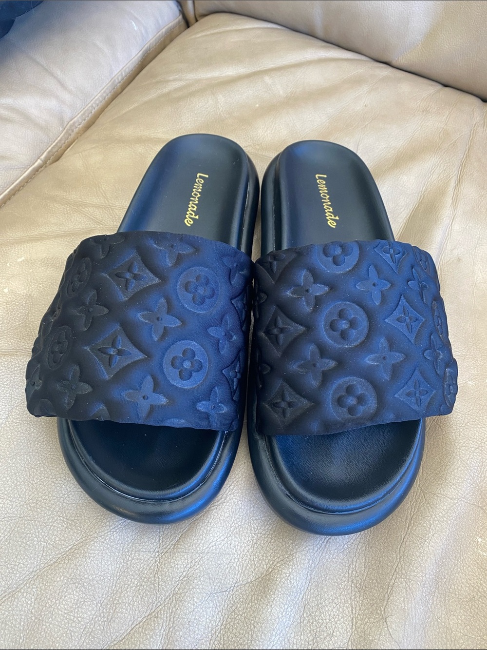 Lemonade Black Monogram Slide Sandals